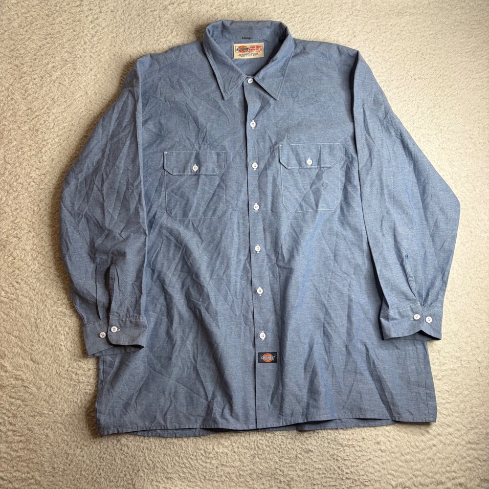 Vintage 80s Dickies Work Shirt Blue Chambray Button Down USA Mens 18-18.5 XL